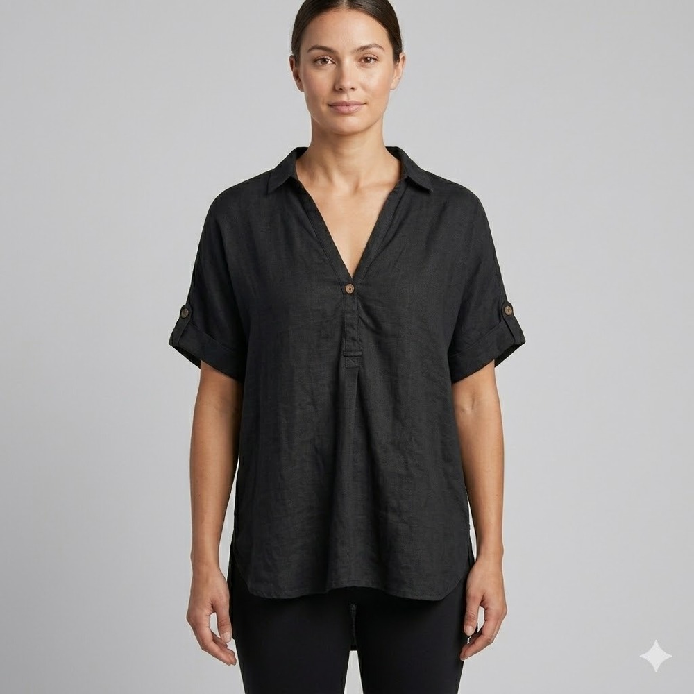 Go Silk Black Linen High-Low Tunic Pullover Cuffed SS M